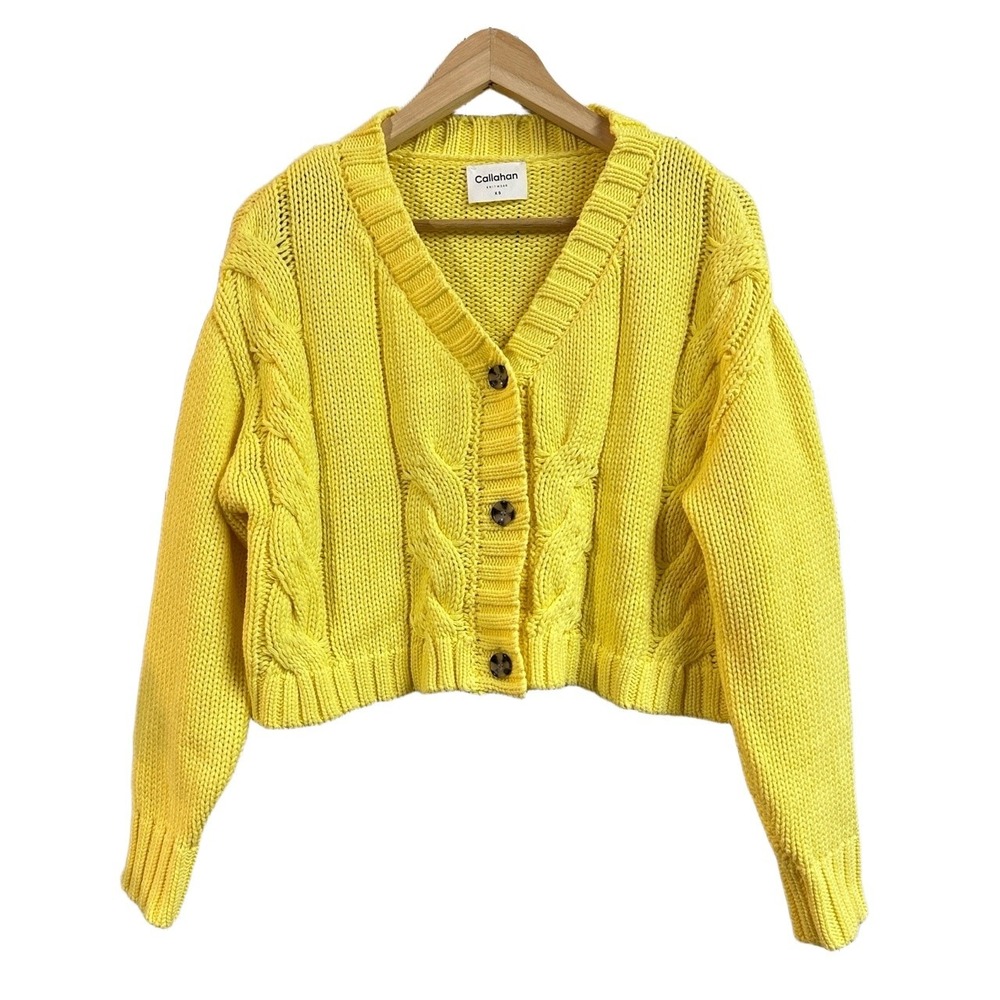 Callahan Knitwear Yellow Cable Knit Cropped‎ Cardigan Sweater Womens XS